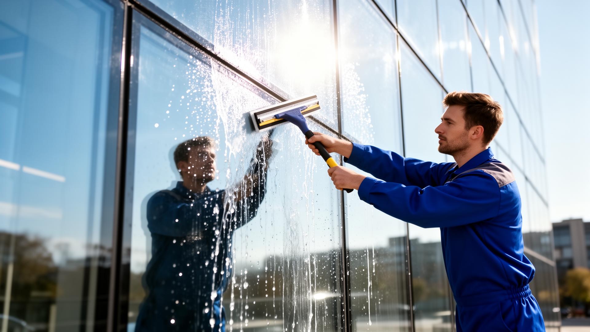 Professionelle Fensterreinigung an einer modernen Glasfassade